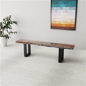 Banc de salle à manger Zen de Corcoran en bois de Sheesham, 72 po, bois brun foncé/pattes en métal noir en forme de U