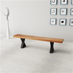 Banc de salle à manger rectangulaire Zen de Corcoran en bois d'Acacia, 72 po, pattes en métal noir en forme de X