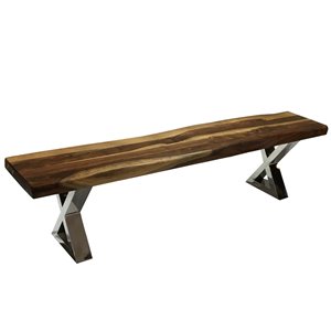 Banc de salle à manger rectangulaire Zen de Corcoran en bois de Sheesham, 72 po, pattes en acier inoxydable en forme de X