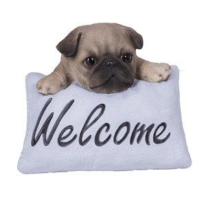 Hi-Line Gift Ltd. 4 H x 4.75-in W Brown and Black Pug With Welcome Sign Resin Garden Statue