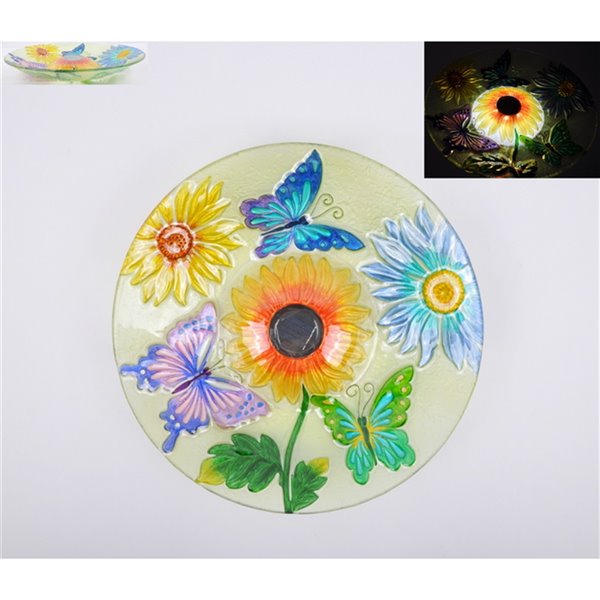 Hi-Line Gift Ltd. 21-in H Glass Round Sunflower Butterflies Complete Birdbath