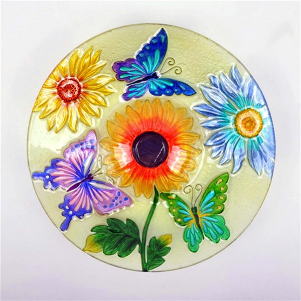 Hi-Line Gift Ltd. 21-in H Glass Round Sunflower Butterflies Complete Birdbath