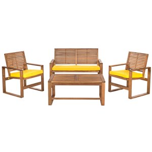 Safavieh Ozark Wood Frame Patio Conversation Set with Cushions - Brown/Yellow - 4-Piece