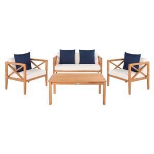 Safavieh Nunzio Wood Frame Patio Conversation Set with Cushions - Natural/Navy - 4-Piece