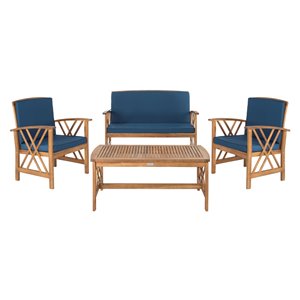 Safavieh Fontana Wood Frame Patio Conversation Set with Cushions - Natural/Navy - 4-Piece