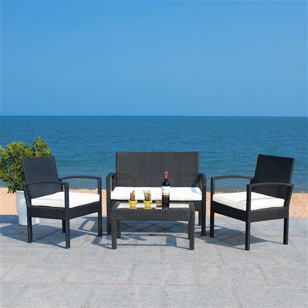 Safavieh Bassey Metal Frame Patio Conversation Set with Cushions - Black/Off-White - 4-Piece