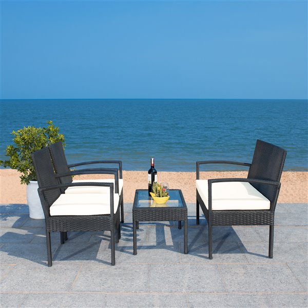 Safavieh Bassey Metal Frame Patio Conversation Set with Cushions - Black/Off-White - 4-Piece