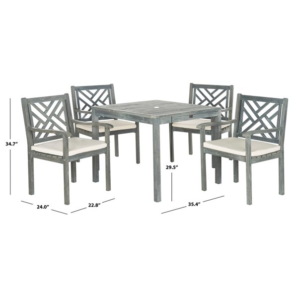 Safavieh Bradbury Outdoor Wood Frame Dining Set with Square Table and Cushions - Ash Grey/Beige - Set of 5