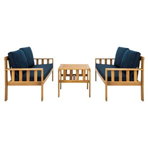 Safavieh Lardner Wood Frame Patio Conversation Set with Cushions - Natural/Navy - 3-Piece