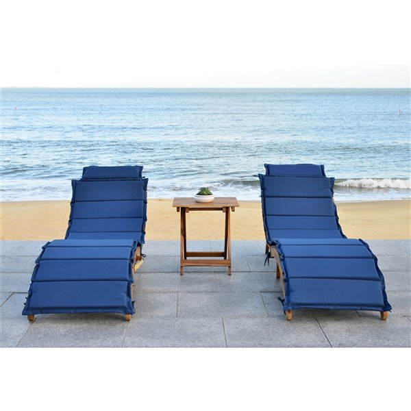 Safavieh Pacifica Wood Frame Patio Conversation Set with Cushions - Natural/Navy Blue- 3-Piece