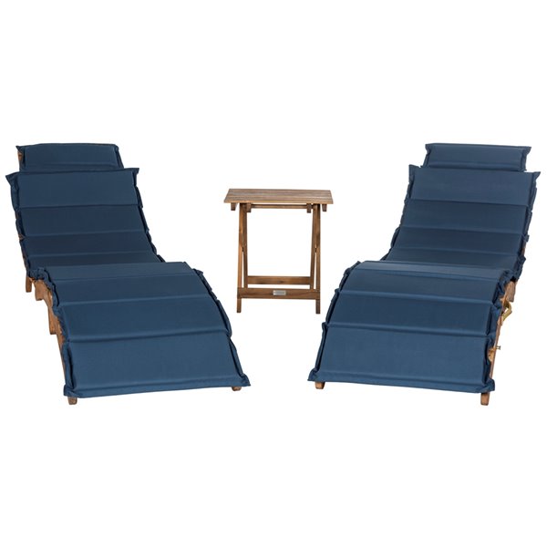 Safavieh Pacifica Wood Frame Patio Conversation Set with Cushions - Natural/Navy Blue- 3-Piece