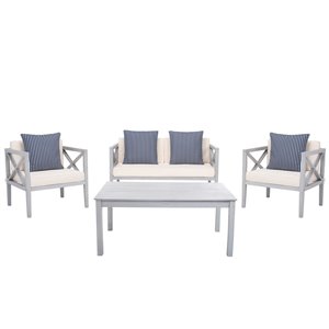 Safavieh Nunzio Wood Frame Patio Conversation Set with Cushions - Grey/Beige - 4-Piece