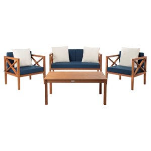 Safavieh Nunzio Wood Frame Patio Conversation Set with Cushions - Natural/Navy Blue - 4-Piece