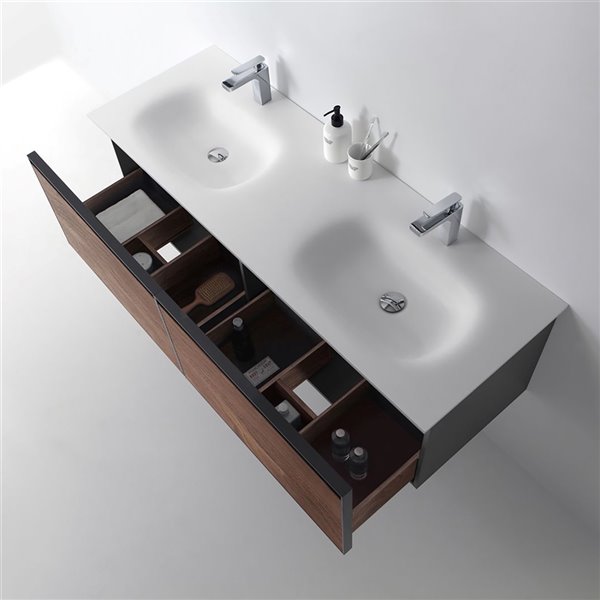 GEF Sage 60-in Walnut Brown Double Sink Bathroom Vanity with White ...