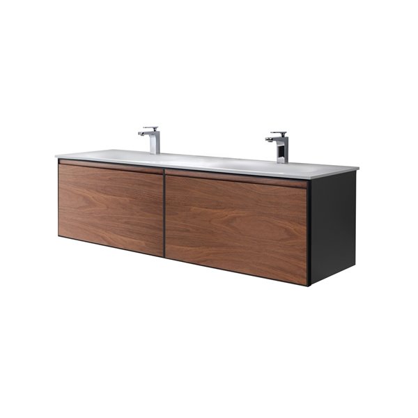 Meuble-lavabo double brun noyer Sage par GEF de 60 po avec comptoir en composite de bauxite blanc