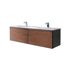 Meuble-lavabo double brun noyer Sage par GEF de 60 po avec comptoir en composite de bauxite blanc