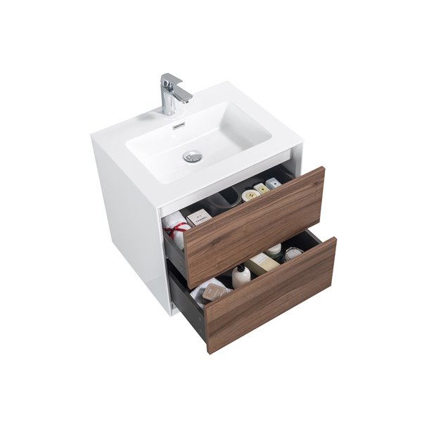 Meuble-lavabo simple brun noyer Floy par GEF de 24 po avec comptoir en acrylique blanc