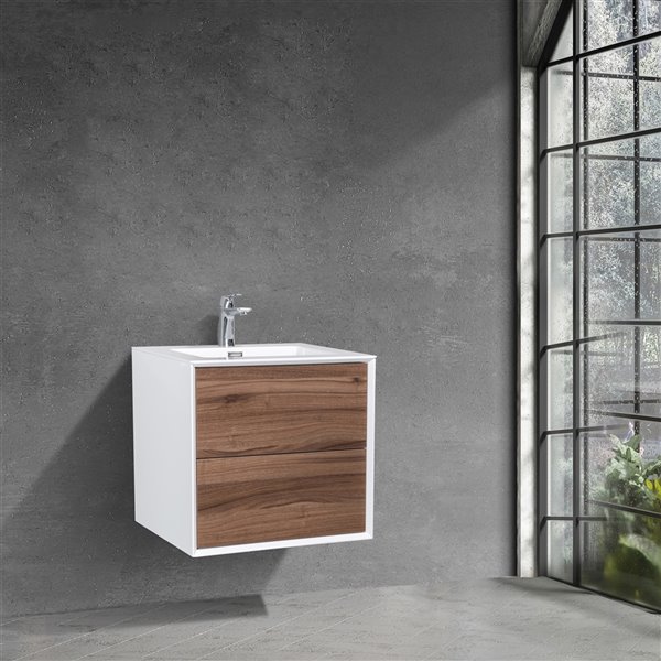 Meuble-lavabo simple brun noyer Floy par GEF de 24 po avec comptoir en acrylique blanc