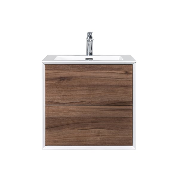 Meuble-lavabo simple brun noyer Floy par GEF de 24 po avec comptoir en acrylique blanc