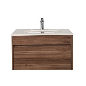 Meuble-lavabo simple noyer Lionna de GEF avec comptoir en quartz blanc et gris, 30 po