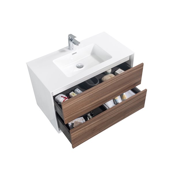 Meuble-lavabo simple brun noyer Floy par GEF de 36 po avec comptoir en acrylique blanc