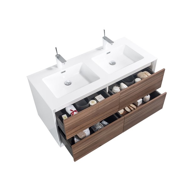 Meuble-lavabo double brun noyer Floy par GEF de 48 po avec comptoir en acrylique blanc