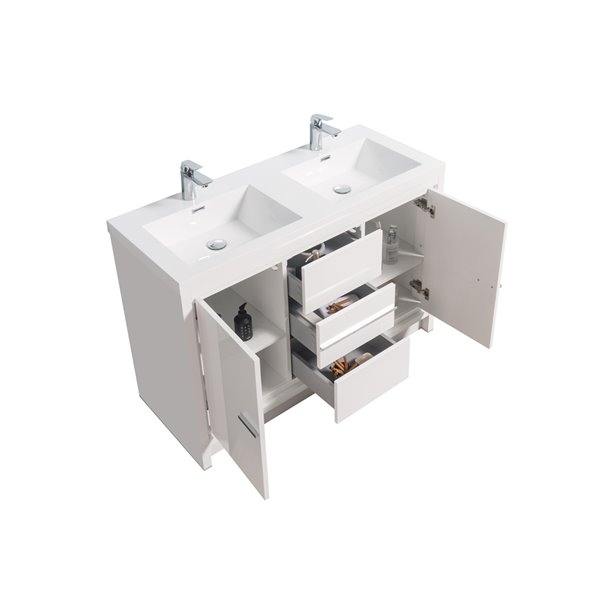 Meuble-lavabo double blanc Ember par GEF de 48 po avec comptoir en acrylique blanc