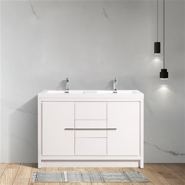 Meuble-lavabo double blanc Ember par GEF de 48 po avec comptoir en acrylique blanc