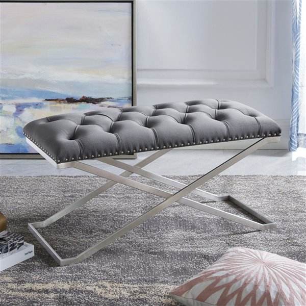 iH casadécor Modern Grey Velvet Accent Bench - 15.75-in L