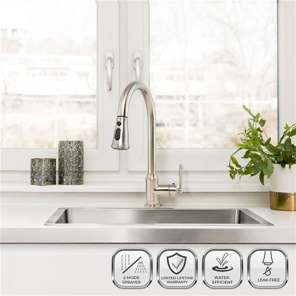 AKDY Brushed Nickel 1-Handle Deck Mount High-Arc Handle/Lever Kitchen Faucet