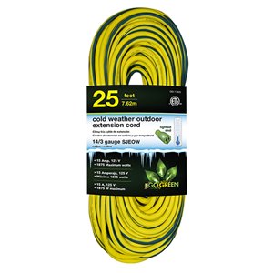 Rallonge électrique lumineuse de 25 pi et 14-AWG à 3 broches pour l'extérieur par GoGreen Power, SJEOW, modéré, jaune