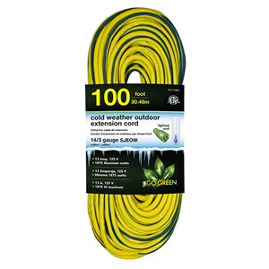 Rallonge électrique lumineuse de 100 pi et 14-AWG à 3 broches pour l'extérieur par GoGreen Power, SJEOW, modéré, jaune