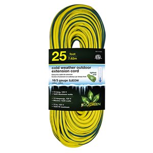 Rallonge électrique lumineuse de 25 pi et 16-AWG à 3 broches pour l'extérieur par GoGreen Power, SJEOW, modéré, jaune