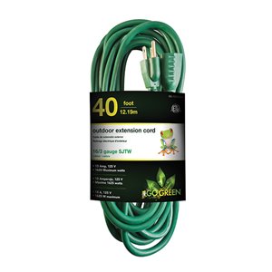 Rallonge électrique de 40 pi et 16-AWG à 3 broches pour l’extérieur par GoGreen Power, SJTW, modéré, vert