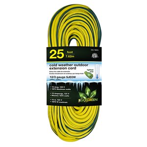 Rallonge électrique lumineuse de 25 pi et 12-AWG à 3 broches pour l'extérieur par GoGreen Power, SJEOW, modéré, jaune
