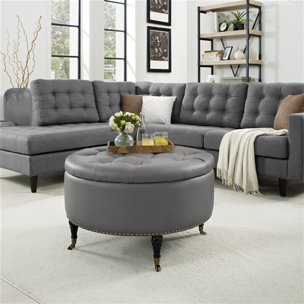 Inspired Home Renata Leather Round, Round Tufted Leather Ottoman Coffee Table