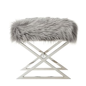 Inspired Home Elora X-Leg Faux Fur Ottoman - Grey