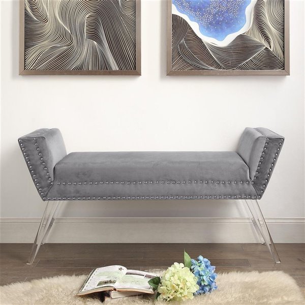 Inspired Home Lexi Velvet Bench with Nailhead Trim - Grey