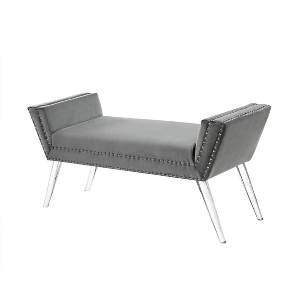 Inspired Home Lexi Velvet Bench with Nailhead Trim - Grey