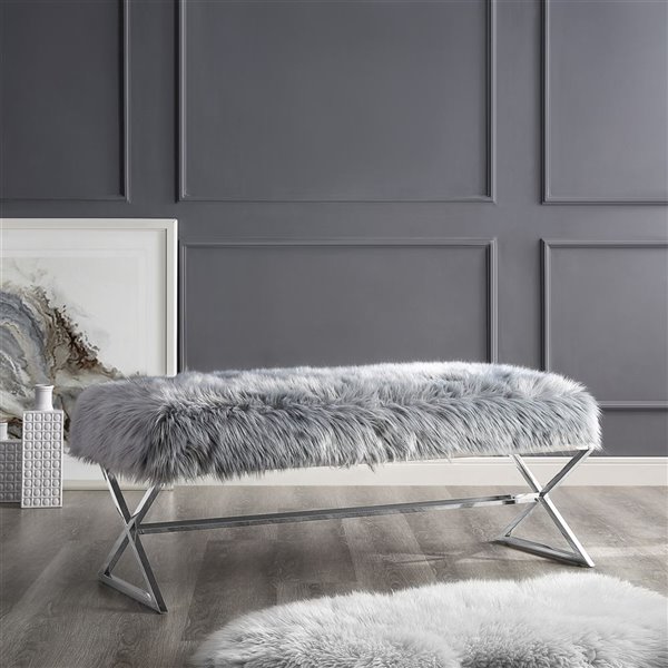 Inspired Home Elora X-Leg Faux Fur Bench - Grey