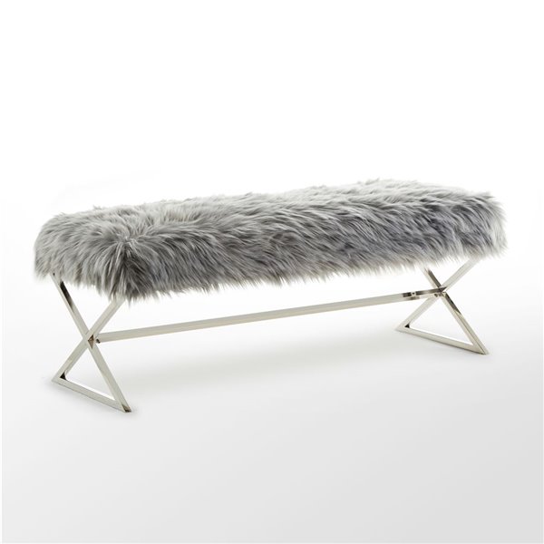 Inspired Home Elora X-Leg Faux Fur Bench - Grey
