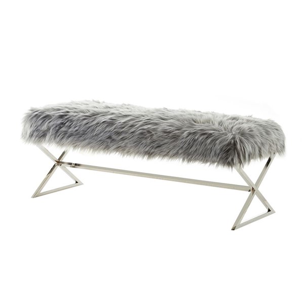 Inspired Home Elora X-Leg Faux Fur Bench - Grey