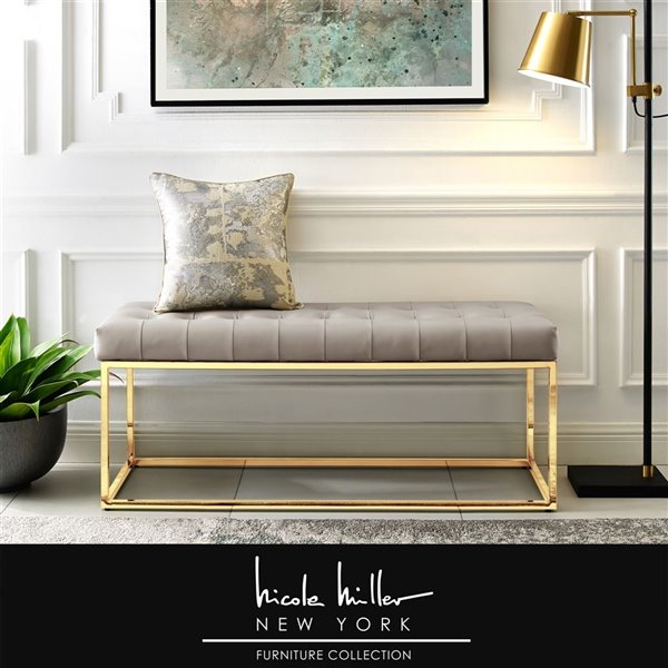 Inspired Home Nicole Miller Koa Leather Bench - Light Grey/Gold