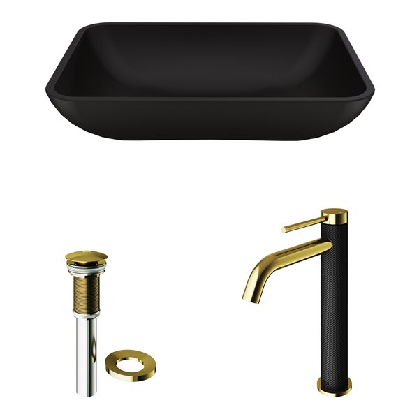 VIGO Glass&nbsp;13-in W x&nbsp;18-in L&nbsp;Black Rectangle Vessel Bathroom Sink with Lexington Faucet and Pop-Up Drain - Matte Gold