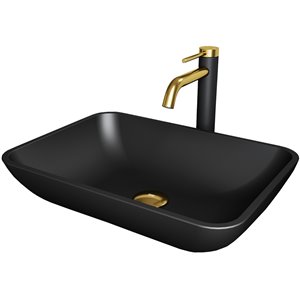 VIGO Sottile Glass Vessel Bathroom Sink, Faucet and Drain Included, 13-in x 18.13-in, Matte Shell Black