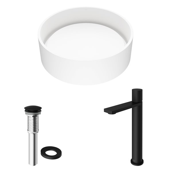 VIGO Anvil&nbsp;16 x 16-in Matte White Stone Round Vessel Bathroom Sink with Gotham Matte Black Faucet/Drain