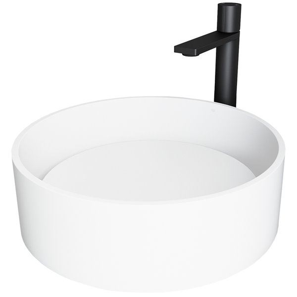 VIGO Anvil&nbsp;16 x 16-in Matte White Stone Round Vessel Bathroom Sink with Gotham Matte Black Faucet/Drain