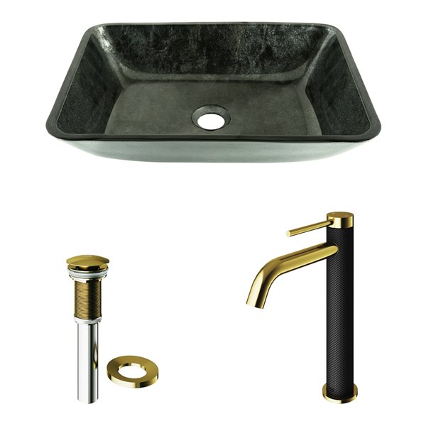 VIGO Onyx Rectangular Glass Vessel Bathroom Sink, Faucet and Drain Included, 17.88-in x 13.0-in, Grey Onyx