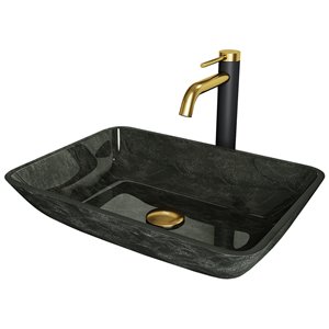 Évier de salle de bain rectangulaire en verre Onyx de VIGO, robinet et drain inclus, 17,88 po x 13 po, gris