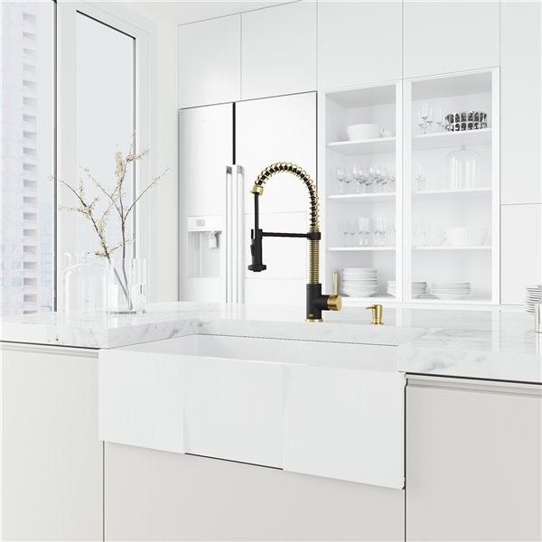 VIGO Sink 33" in Matte White & Faucet in Matte Brushed Gold